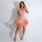 2025 New Women Mesh Sleeve Bodycon Sexy Diamonds Birthday Party Dress Tiered Ruffles Rhinestone Pearls Party Night Dress Pink