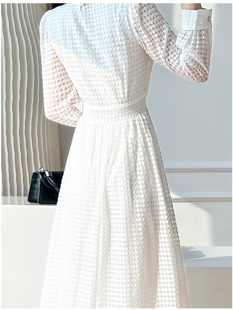 Lace Long Sleeves White Midi Dresses for Women 2026 New Autumn French Elegant Fashion Evening Wedding Party Robe Female Clothing