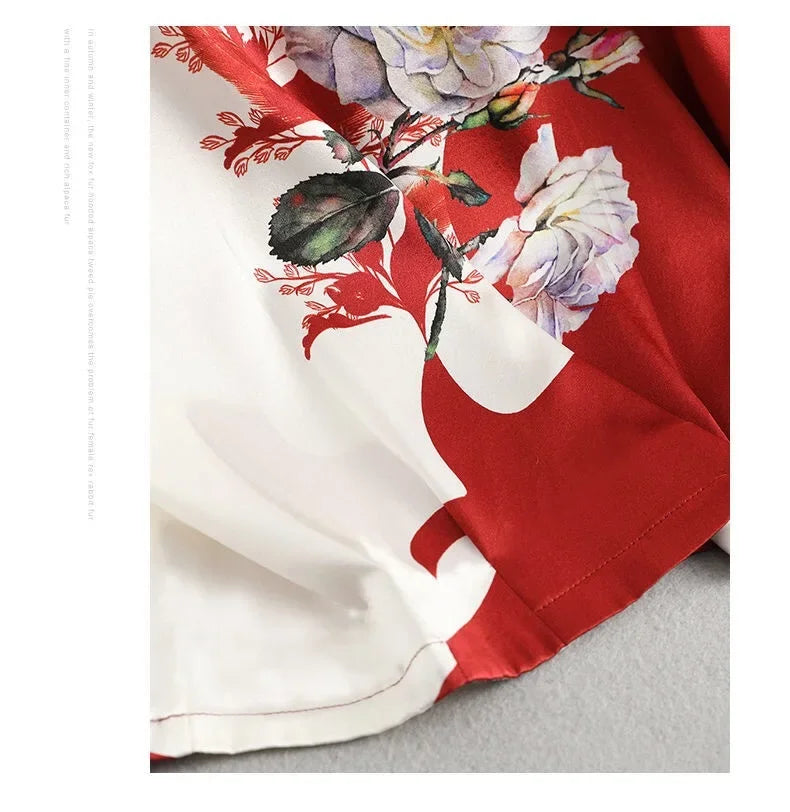 Plus Size Women Silk Satin Blouses Spring Summer Floral Printing Blouse Female Fashion Shirt Tops