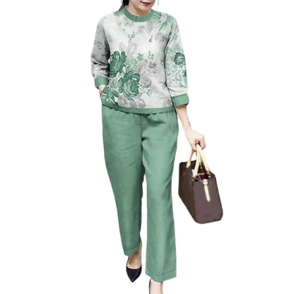 Summer Sets Large Silk Wide Leg Trouser Set Women's Spring 2026 New Print Silk Fashion Slim Two Piece Set Female Elegant