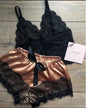 Women's Sexy Lace Sleepwear Lace Necklacing Lingerie Sleeveless V-Neck Baby doll Pajamas Set Lingerie Tops Shorts Set Nightwear