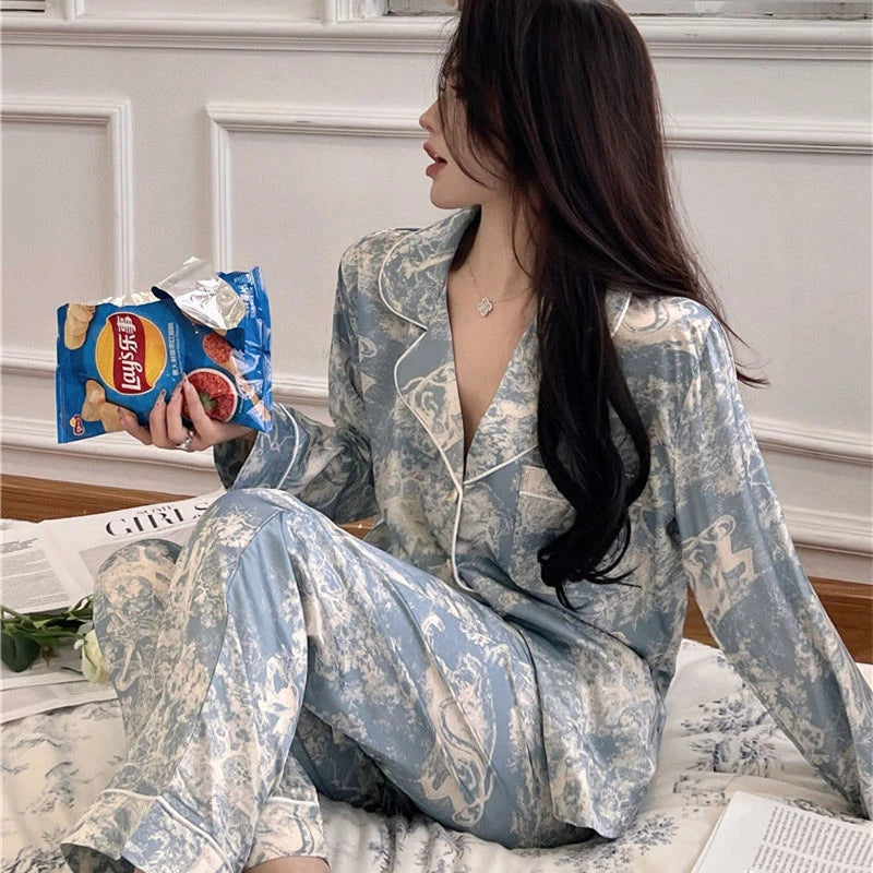 2026 Autumn New Ice Silk Women Pajama Lapel Button Cardigan Outfits for Women 2 Piece Set Fashion Printing Set Clothes for Women