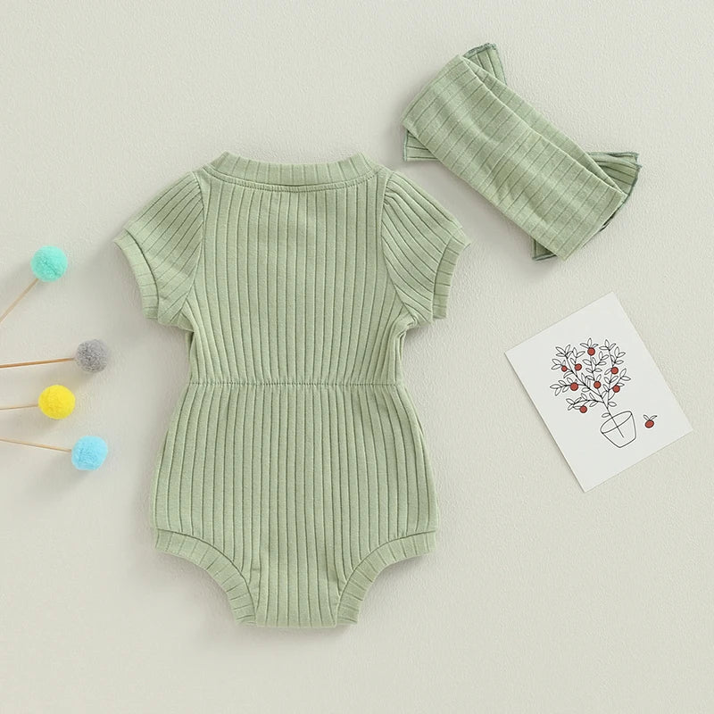 Newborn Baby Girl Clothes Solid Color Ribbed Knit Short Sleeve Romper Bodysuit Jumpsuit with Headband Summer Outfit