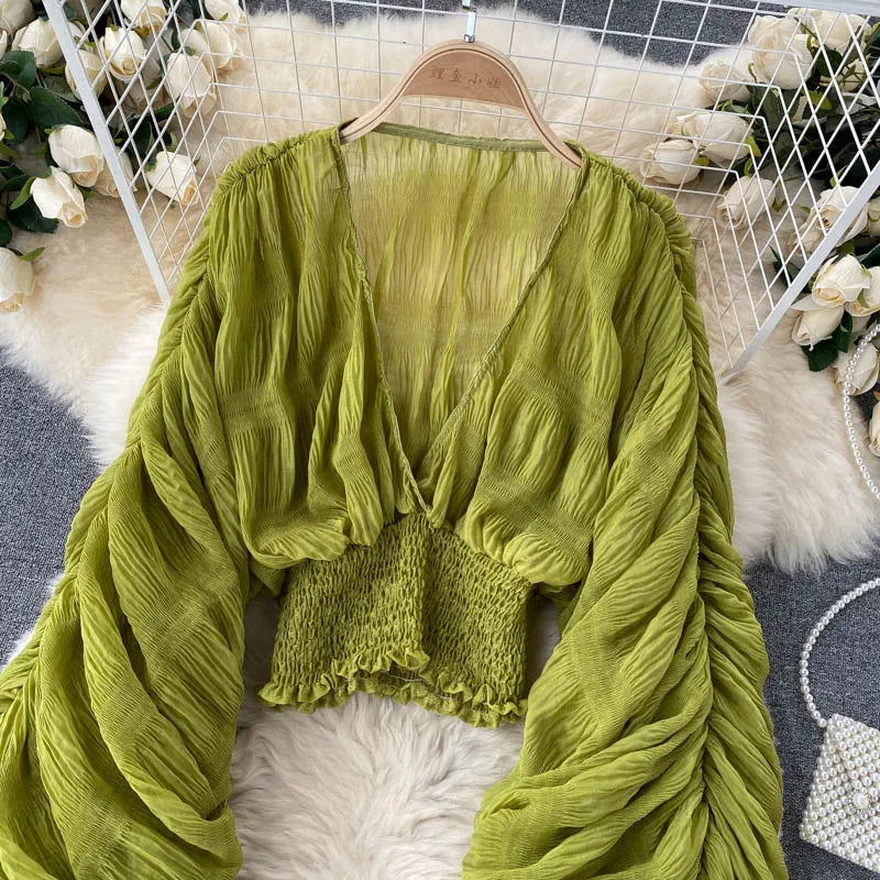 Women Sexy Chiffon Short Blouse Female See Through Super Long Sleeve Purple/Green/Black/White Folds Party Tops 2026 New