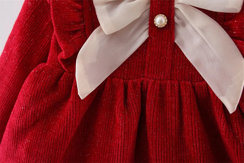 Winter Newborn Girls Clothes Korean Fashion Bow Cute Fleece Warm Thick Long Sleeve Red Baby Dress Luxury Birthday Dresses BC1704