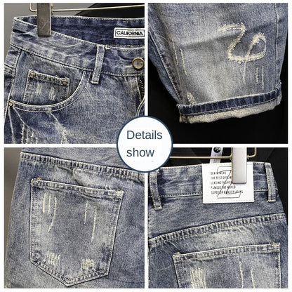 Korean Luxury Clothing Men's Summer Denim Knee Length Shorts 2025 Fashion Designer Ripped Hole Cowboy Korean Slim Short Pants