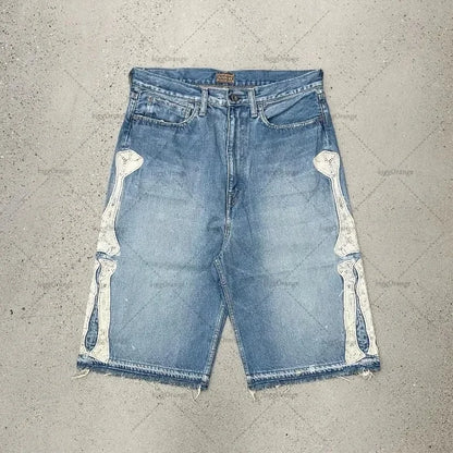 2025 European and American Summer Retro Skeleton Denim Shorts Sports Casual Shorts New Couple Wear Street Wear Five-Fifth Pants