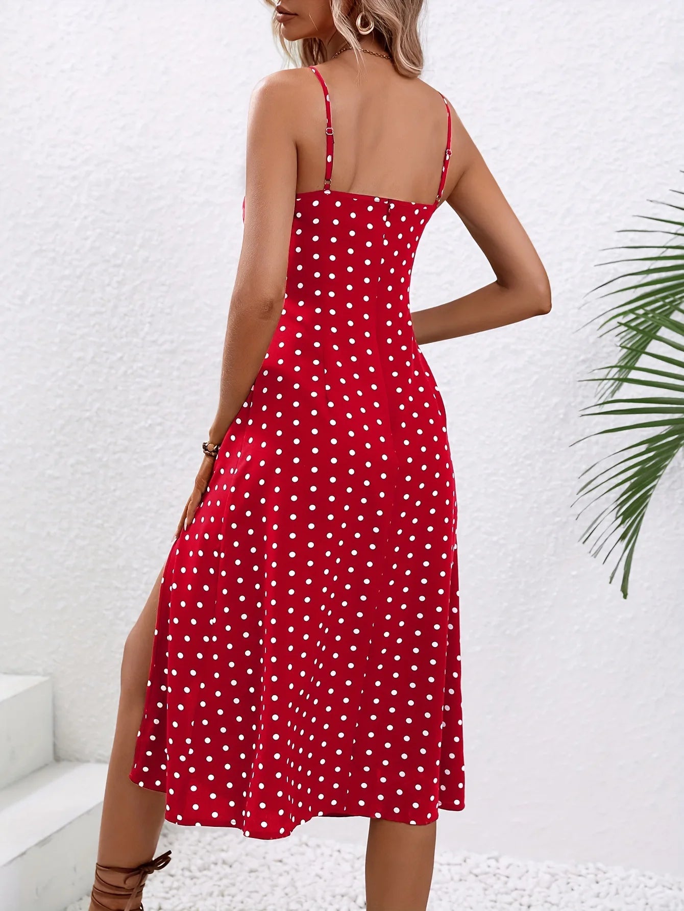 2026 Summer Sexy Spaghetti Straps Dress Women Fashion Polka Dot Print Sleeveless Slit Dress Boho Casual Beach Midi Dresses