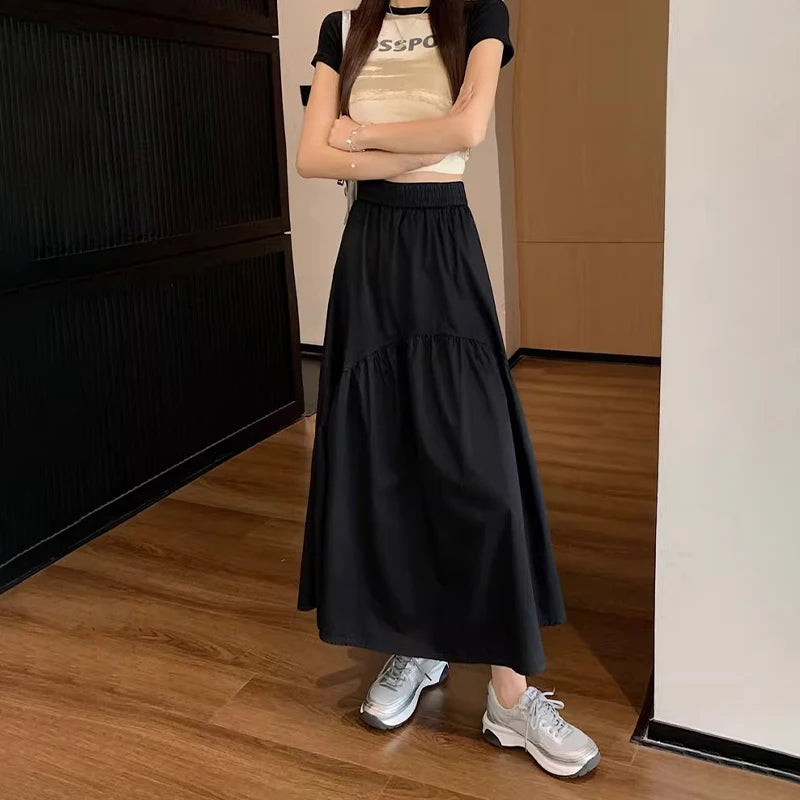 Spring Summer Women Chiffon Skirts Vintage High Waist Elastic Patchwork White Black Chic Long Cake A-line Skirt for Student