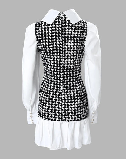 Women's Dresses 2026 Spring Fashion Houndstooth Button Decor Puff Sleeve Ruffle Hem Elegant Turn-Down Collar Daily A Line Dress