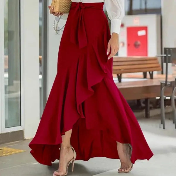 Spring Autumn Women Long Skirt High Waist Lace-up Ruffle Trim Plaid Print Bow Tie Irregular Hem Maxi Skirt Female 2026 New