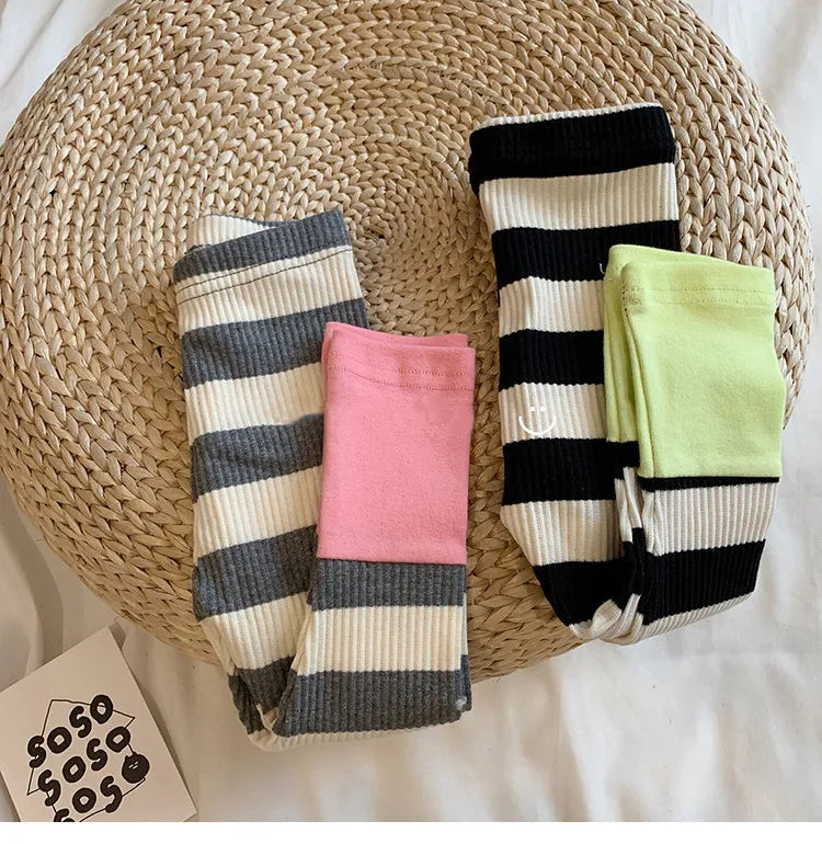 New Spring Autumn Girl Baby Fashion Striped Leggings Boy Infant Splicing Ribbed Casual Pants Newborn Cotton Trousers Kid Clothes