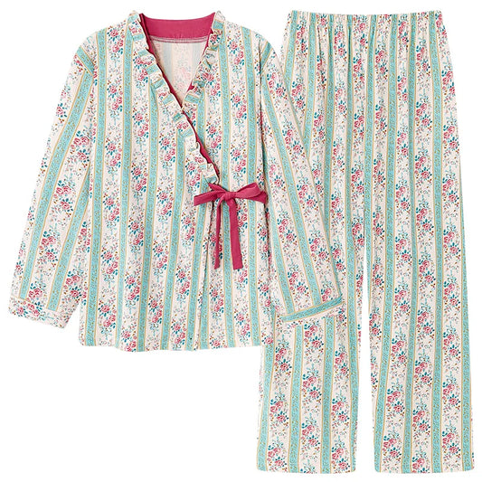 Spring Autumn V-Neck Pajamas Female Pajamas Sets Elegant Floral Japanese Kimonos For Women Big Yards M-4XL Cotton