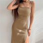 Sexy Black Long Bodycon Dress Women Summer Sleeveless Backless Halter Neck Spaghetti Strap Dresses High Split Vespids