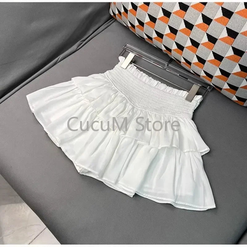 Sweet Cake Skirt Women's Ruffles Casual Simple Short Mini White Chiffon Skirt Black Korean New 2025 Puffy Ballet Style Skirts