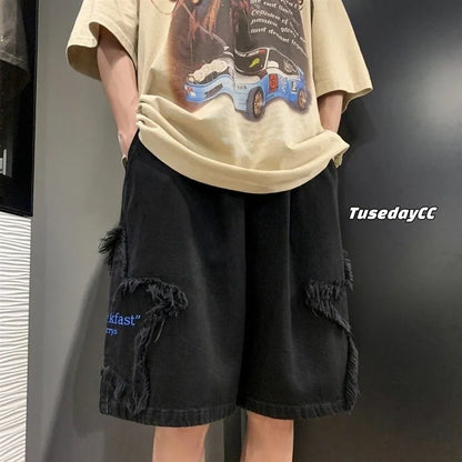 TINT ERA Y2K Men's Streetwear Breeches Star Korean Haruku Pocket Denim Hip Hop Cargo Short Pants Grunge Bermudas Jeans Shorts