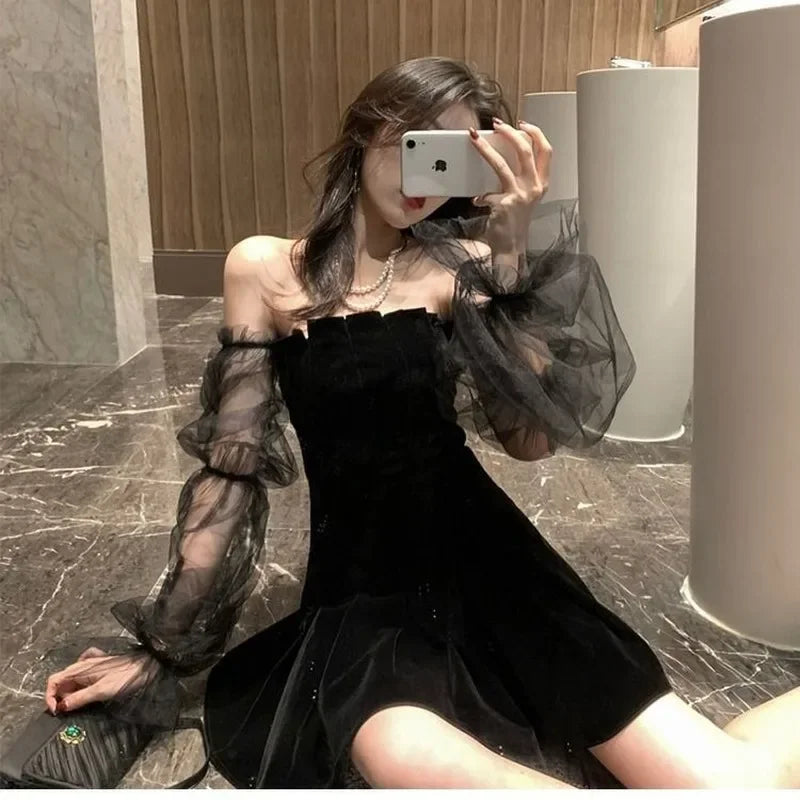 New 2026 Black Retro Dress Women Lace Chiffon Mini Dress Female High Street Sexy Korean Fashion Dress Women Club Dress