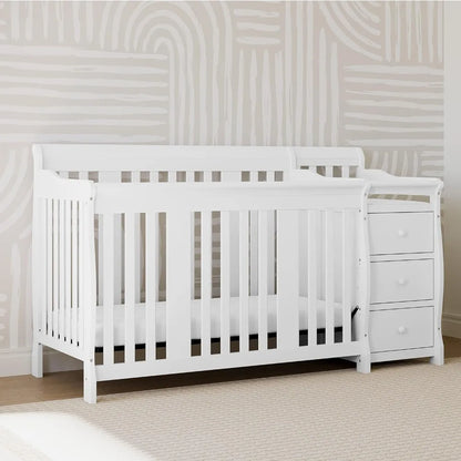 Portofino 5-in-1 Convertible Crib and Changer (White) – Changing-Table Combo with Drawer, Converts to Toddler Bed