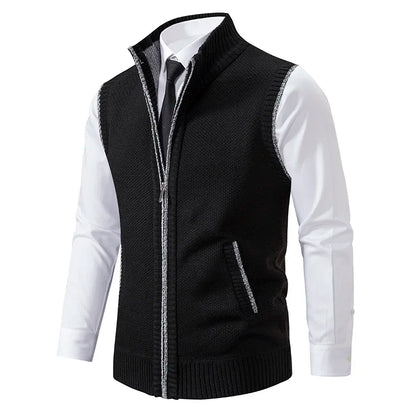 Vest Men Knitted Sleeveless Sweater Jacket Wool Velvet Zipper Cardigan Turn-down Pullovers Turtleneck Sweater coat Knit Waistcoat