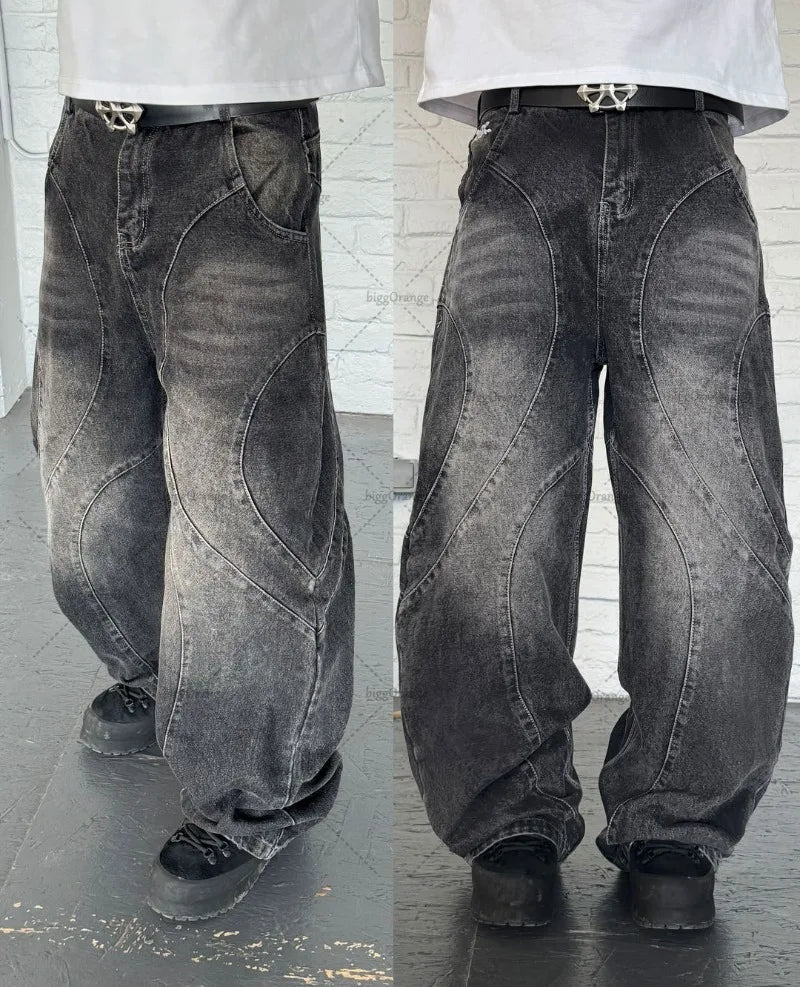 New High Street Gothic Punk Dark Trousers Y2K Harajuku Retro Washed Distressed Baggy Jeans Men Street Fashion Straight Leg Pants