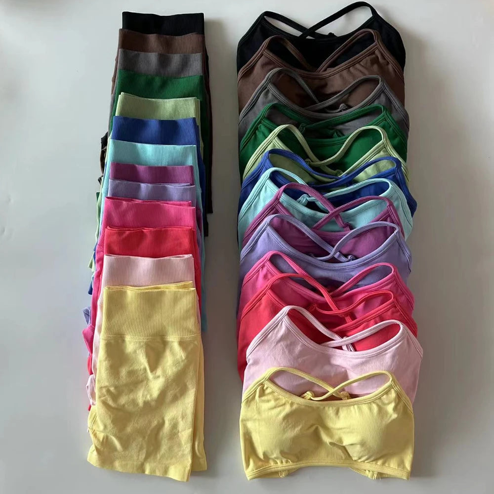 2 Pieces Dynamic Gym Set Women Workout Clothes Scrunch Shorts Set Backless Sports Bra Fitness Top Sportswear Yoga Set Outfits