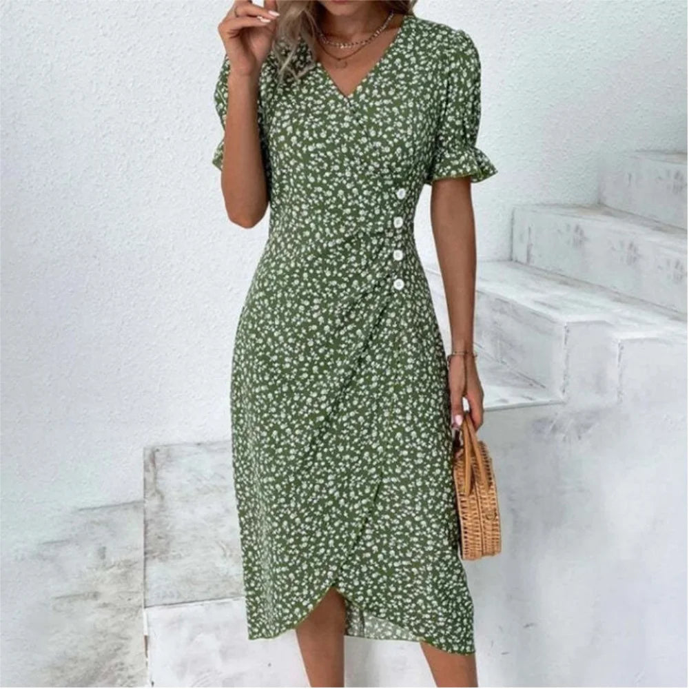Elegant Ladies Midi Dress Geometric Button Split Dress Платья Vestidos Medievales Para Mujer De Verano Elbiseler Jurken Dames