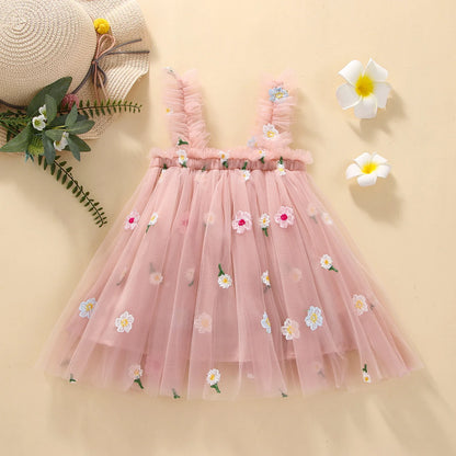 2025 New Baby Girl Clothes Multi Coloured Embroidered Floral Mesh Camisole Cute Baby Girl Dress Party Princess Fluffy Dresses