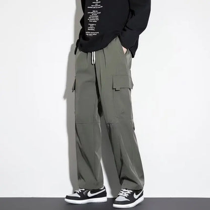 Thick and stretchy straight leg elastic waistband versatile casual long pants for men in autumn and winter, warm pure cotton pan