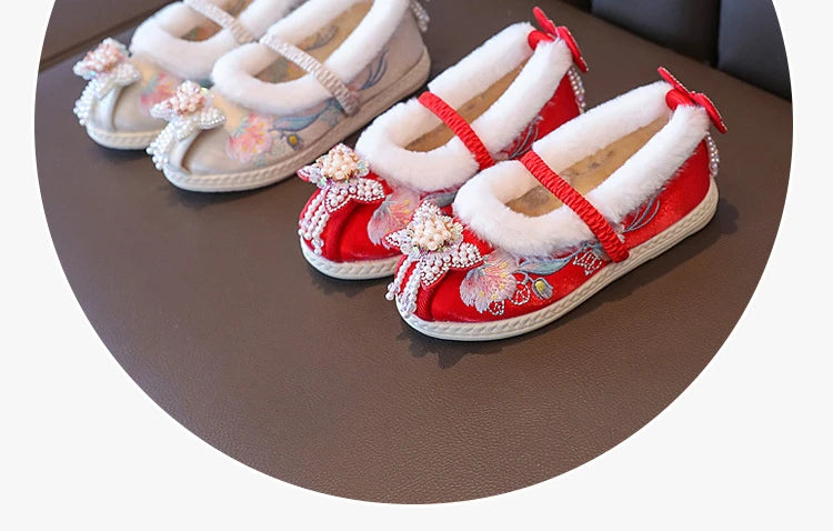Kids Princess Embroidery Shoes Girls Winter Warm Cotton Shoes Traditional Chinese Style Children Hanfu Performance Flats Shoes