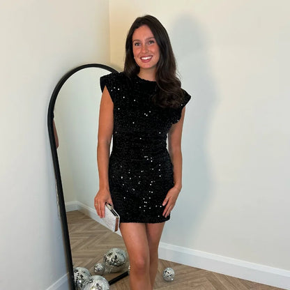 Elegant Woman Black Shiny Sleeveless Mini Dress Sexy Lace Up O Neck Slim Waist Short Dresses New Evening Party Vestidos 2025