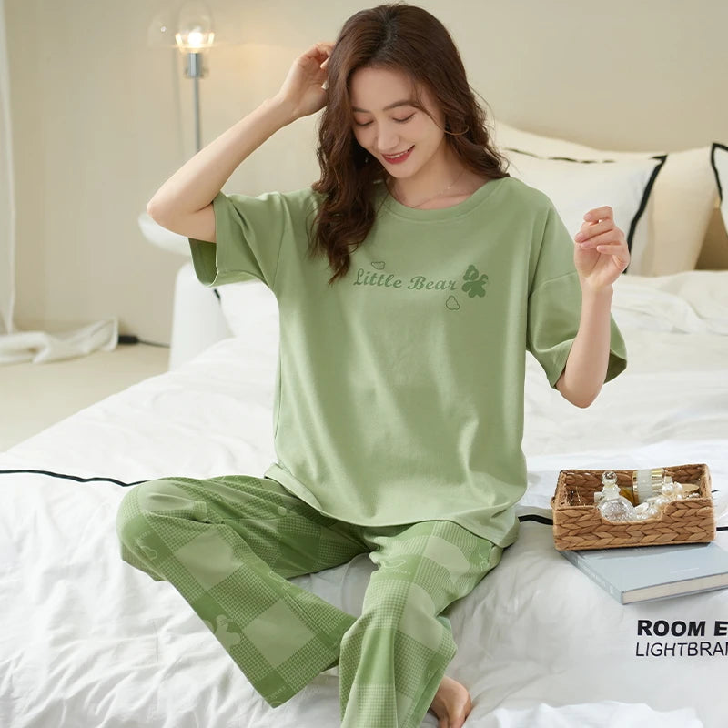 Cotton Womens Pajamas Sets Long Pants Leisure Woman's Sleepwear Ladies Elegant Lattice Printing Pajama Girls Homeware Suit