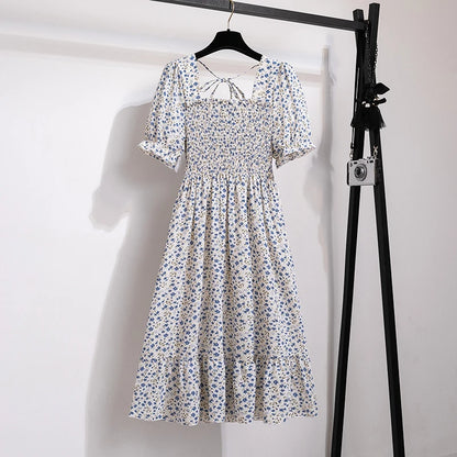 Summer Pleated Women Chiffon Dresses Casual Beach Holiday Short Sleeve Square Collar Woman Midi Dress Bohemian