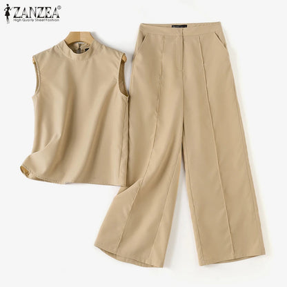 Elegant Chic Women 2-Pieces Sets ZANZEA Woman 2026 Trouser Suits Fashion 2pcs Outfits Tank Top and Wide Leg Pant Suits Oversize