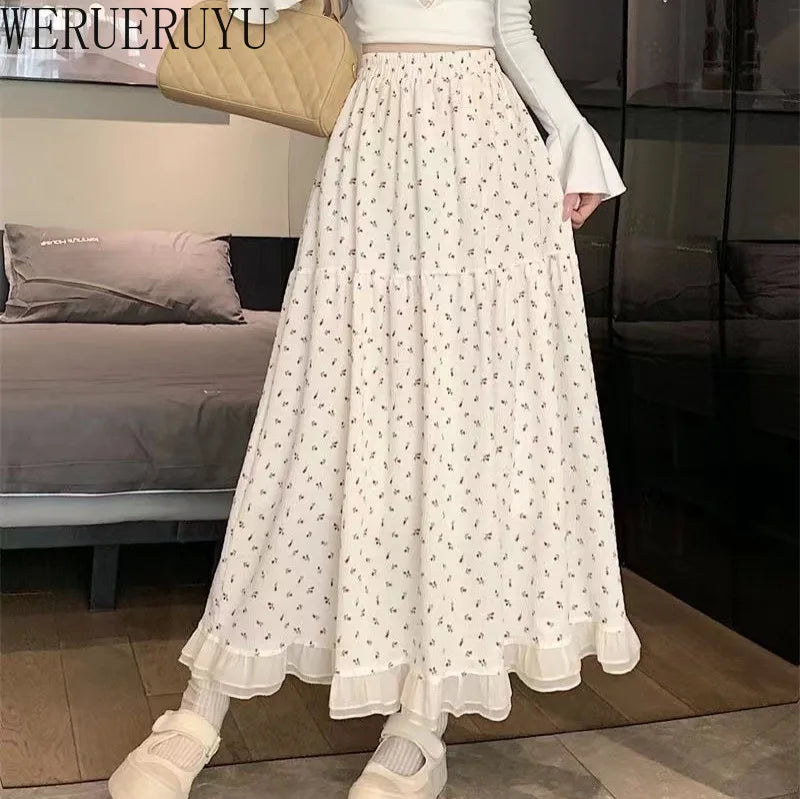 Summer White Floral Long Skirt Women's Y2k Clothes Fashion Elastic High Waist Casual Elegant Spliced Gauze Skirts for Women 2026