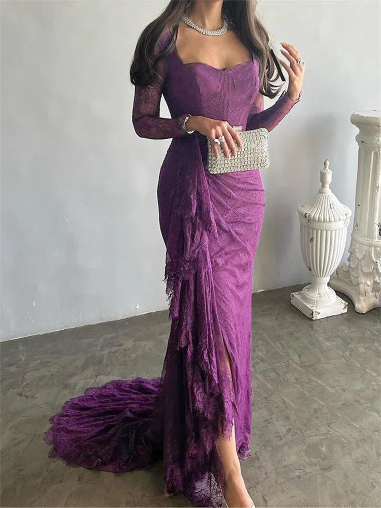 2026 Women's Ruffled Lace Evening Dress Solid Color Square Neck Long Sleeve Skinny Maxi Dress Wrap Hip Party Gowns