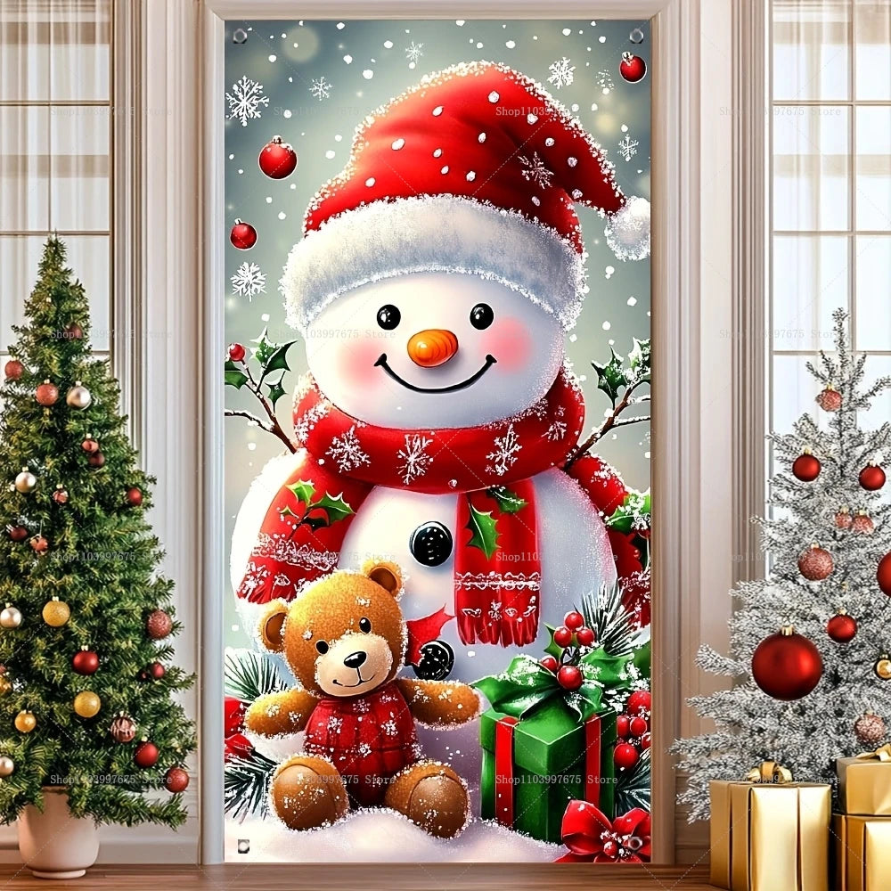 Christmas Decorations Door Cover Banner Cute Snowman Bear Gift Backdrop Xmas Party Indoor Outdoor Background Decor Supplies