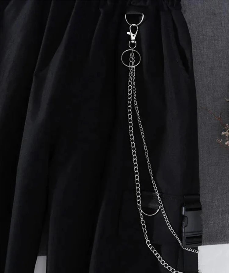 2PCS Women's Streetwear Outfits Loose Long Sleeve Shirt Ribbon Chain Cargo Pants 2 Piece Sets Korean Casual Unisex Couple Suit