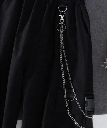 2PCS Women's Streetwear Outfits Loose Long Sleeve Shirt Ribbon Chain Cargo Pants 2 Piece Sets Korean Casual Unisex Couple Suit