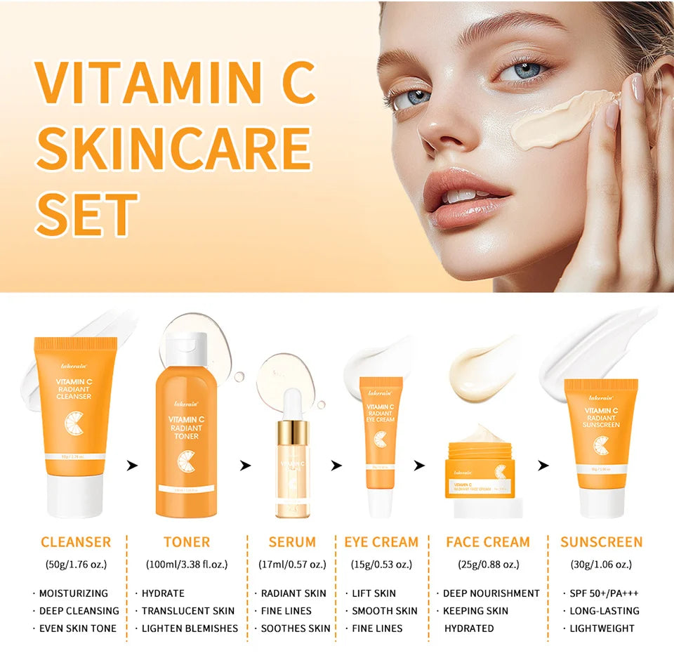6pcs/set Vitamin C Skin Care Set Deep Cleansing Facial Cleanser Face Cream Moisturizing Anti Wrinkles Face Care Kit Gift Box