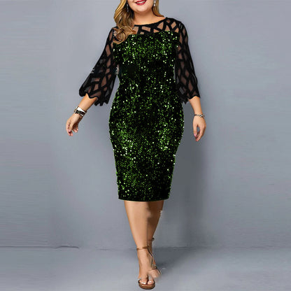 Elegant Sequin Plus Size 4XL 5XL Women Midi Dress Sexy Casual Evening Party Dress Gown Wedding Luxury Robe Rouge Vestidos