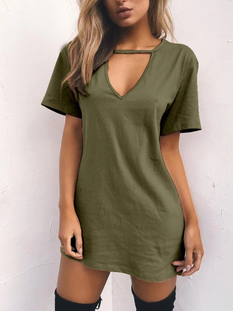 Summer Sexy Mini Black Dress 2026 V Neck Cut Out Loose Dress Women Elegant Short Sleeve Club Party Dress Solid Color Streetwear