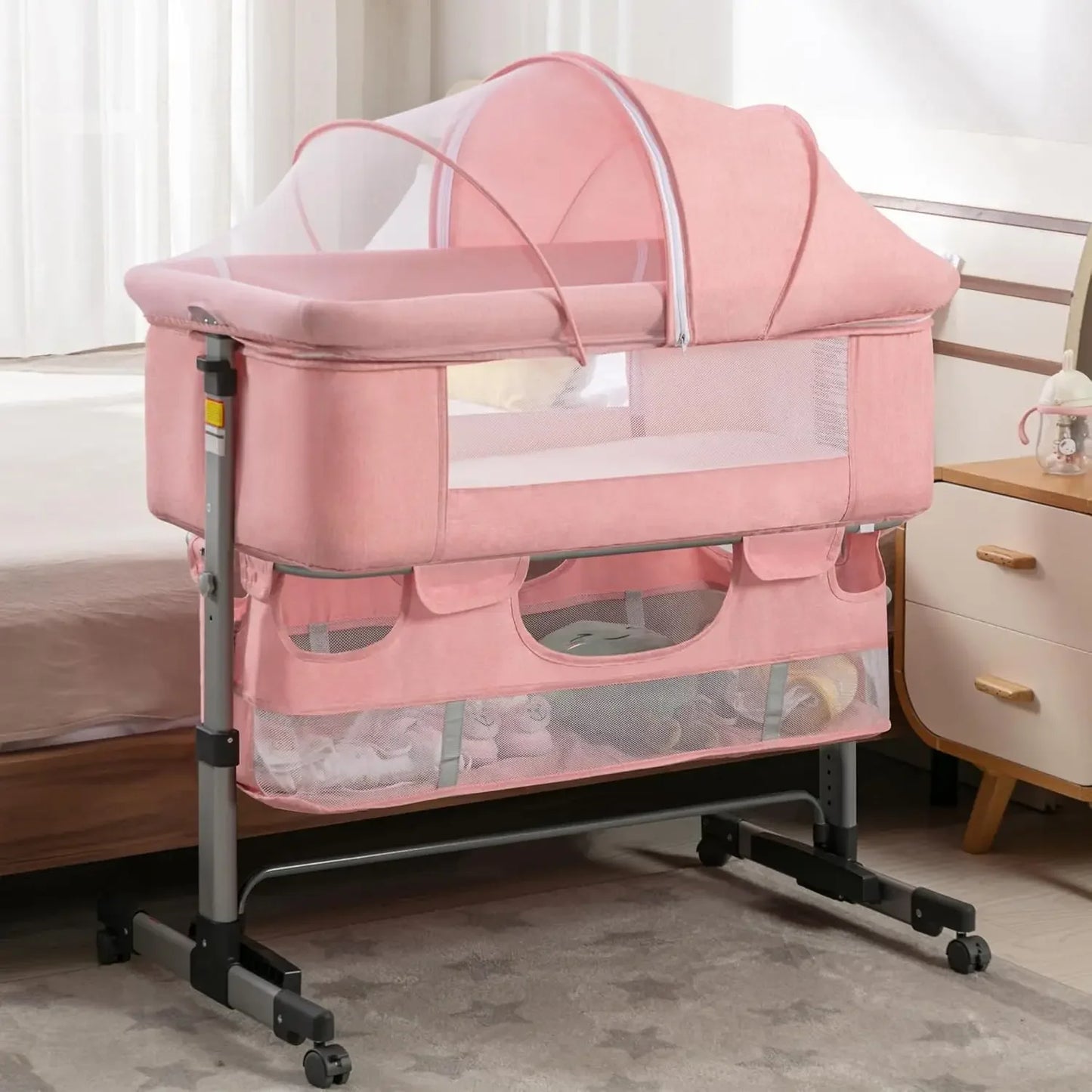 Baby Bassinet, Bedside Sleeper with Wheels, Height Adjustable, for Infant/Baby/Newborn Girls & Boys 0-6 Months, Pink