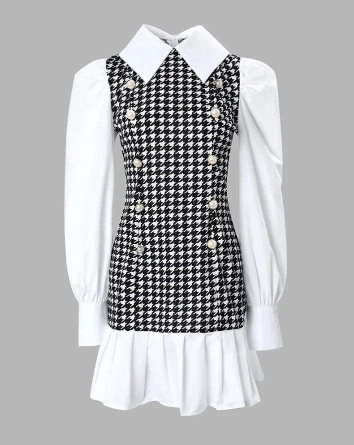 Women's Dresses 2026 Spring Fashion Houndstooth Button Decor Puff Sleeve Ruffle Hem Elegant Turn-Down Collar Daily A Line Dress