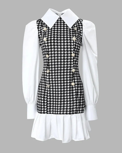 Women's Dresses 2026 Spring Fashion Houndstooth Button Decor Puff Sleeve Ruffle Hem Elegant Turn-Down Collar Daily A Line Dress