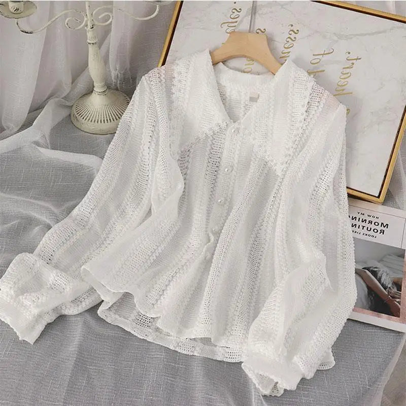 Shirts Women Peter Pan Collar Hollow Out Fashion Tender Sweet Solid Young French Style Elegant Ins Топ Женский New Arrival Chic