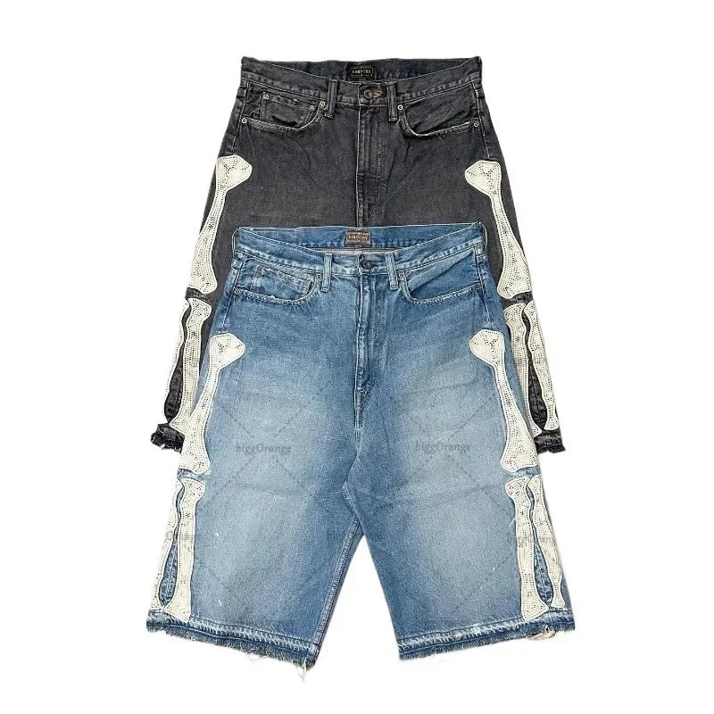 2025 European and American Summer Retro Skeleton Denim Shorts Sports Casual Shorts New Couple Wear Street Wear Five-Fifth Pants
