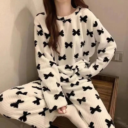 2025 Autumn Winter Warm Flannel Women Pijamas Sets Thick Coral Velvet Long Sleeve Cartoon Sleepwear Thin Flannel Pajamas Set