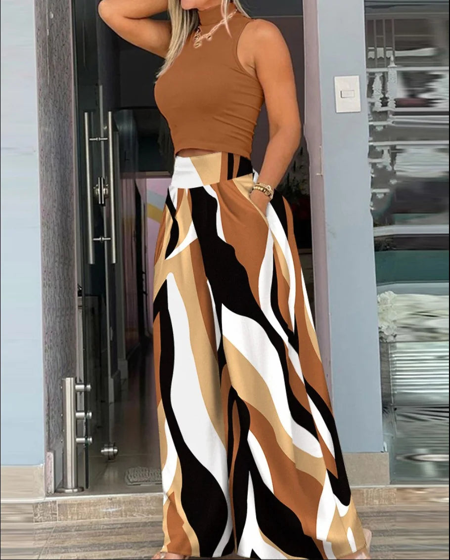 Summer Clothes Women 2026 Women Clothing Print Two-piece Set, Smooth Sleeveless T-shirt, Wide Leg Pants, Fashion Clothing