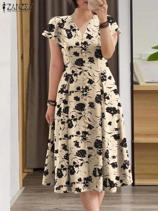 ZANZEA Fashion Floral Print Women Midi Dresses 2025 Summer Ruffle Sleeve V Neck A-line Vestido Casual Cinch Waist Party Sundress