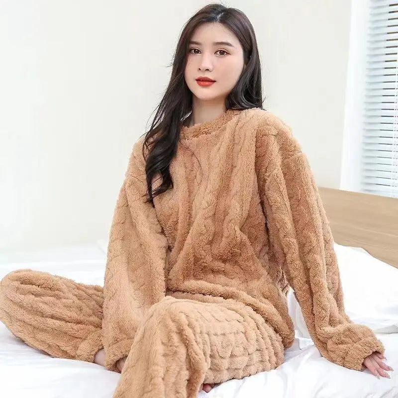 Fleece Women Pajamas Set Winter Sleepwear Solid Velvet 2 Piece Pant Home Suit Fluffy Casual Pajama Warm O-neck Night Wear